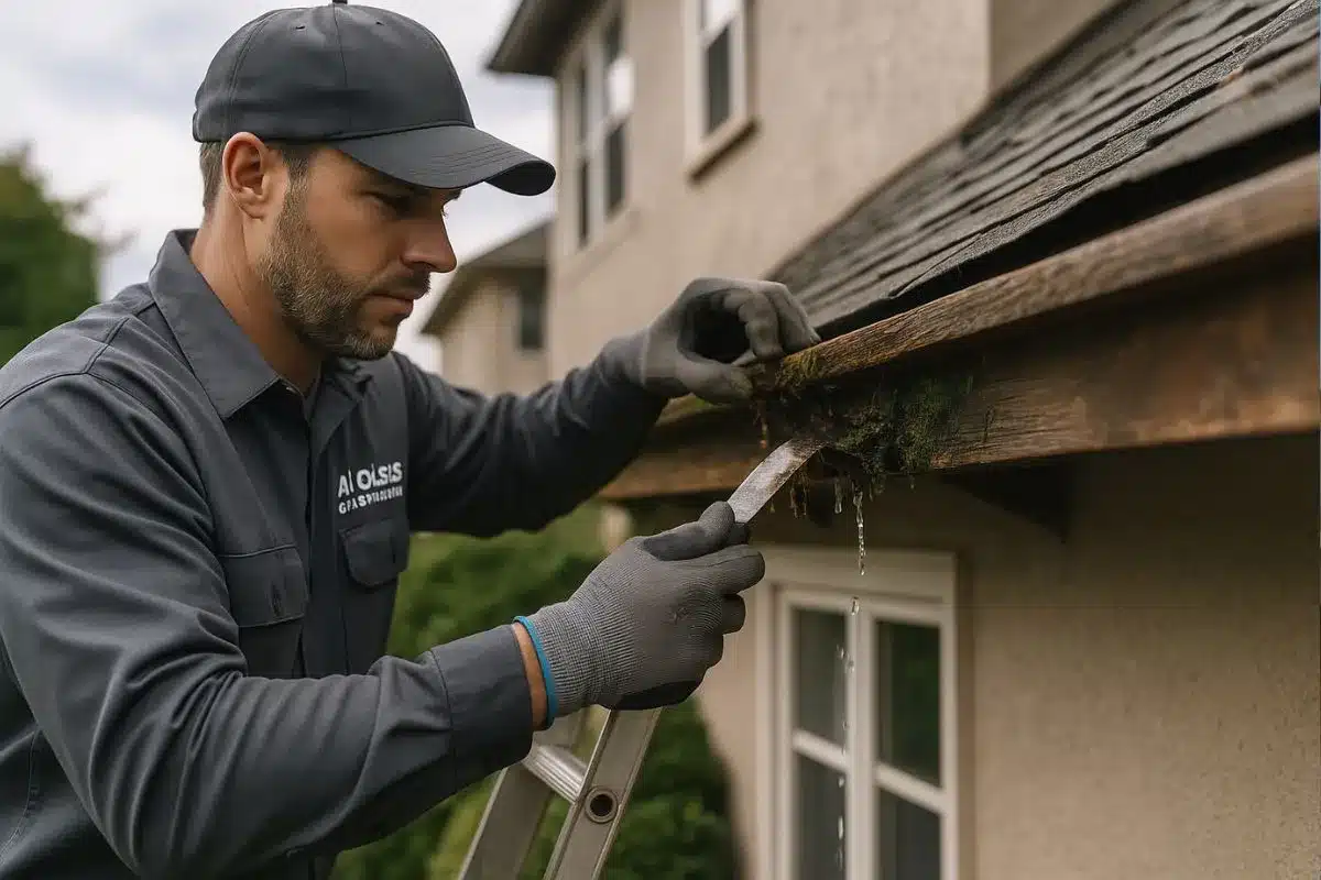 Technician repairing moss-filled wood gutter in NJ – A1 Oasis Construction