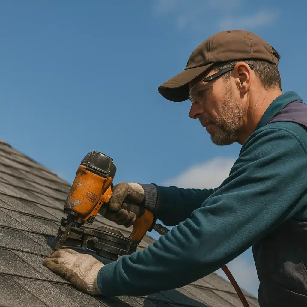 Professional roofer repairing asphalt shingles on a residential roof in Paterson, NJ – roof leak and shingle repair service
